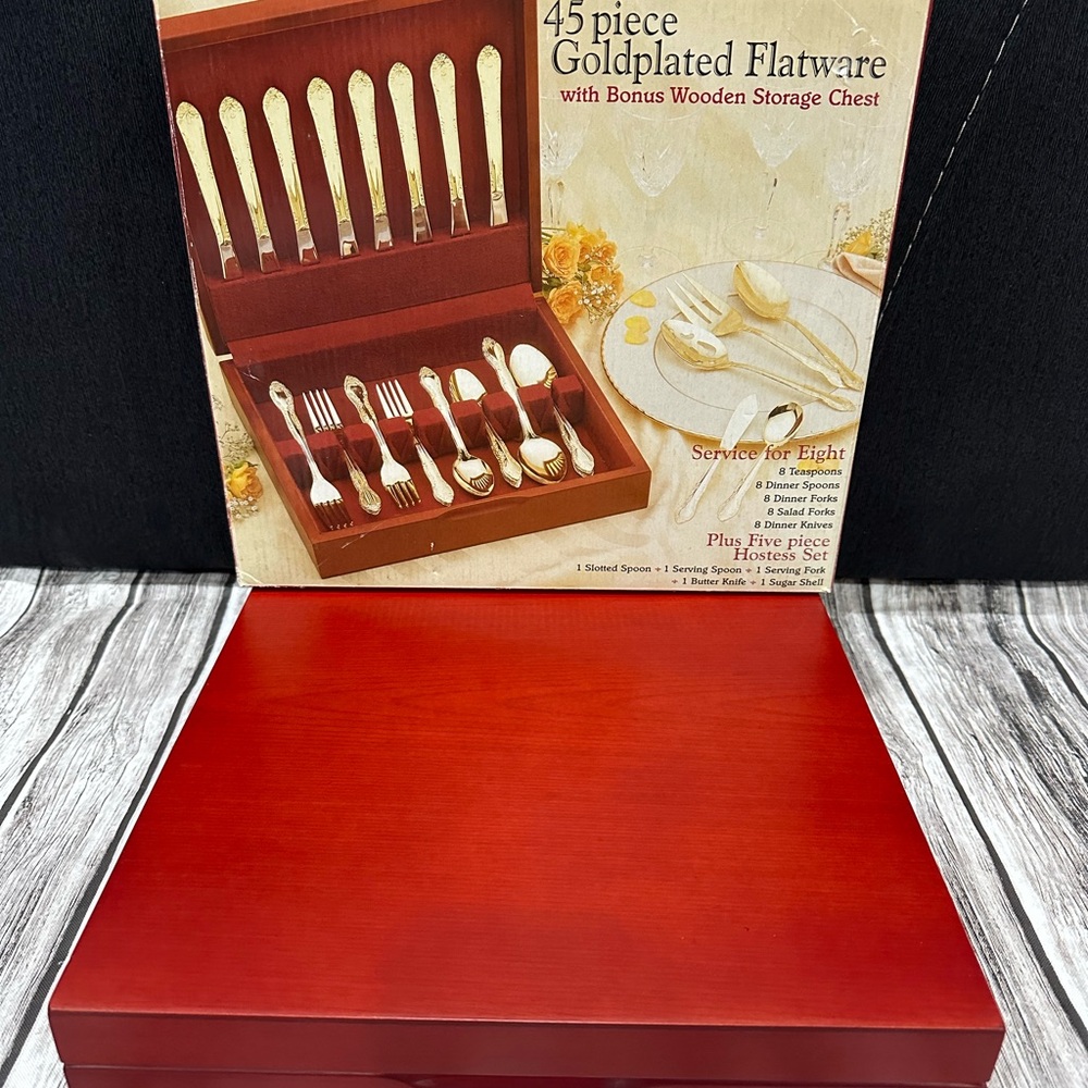 Luxurious Goldplated Flatware Set with Wooden Chest